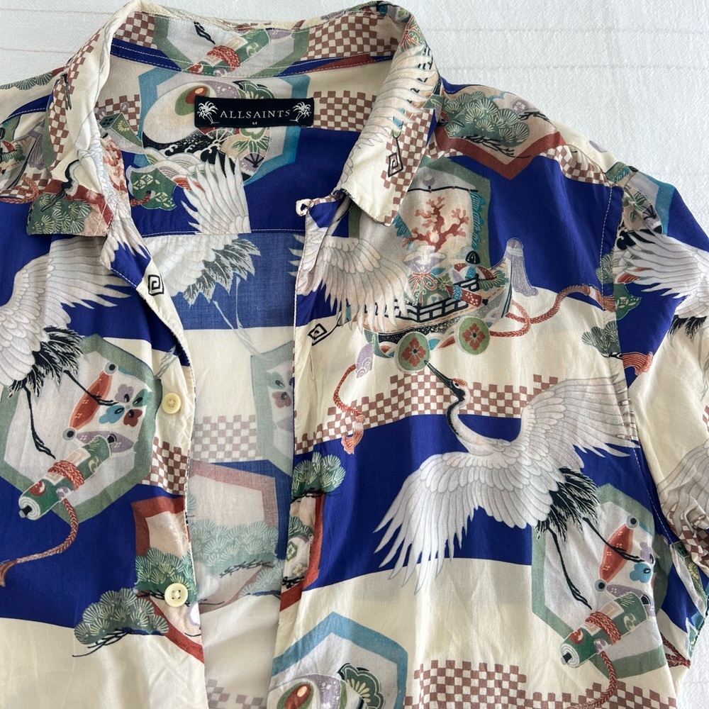 All Saints Men's Blue and Cream Crane Print Shirt